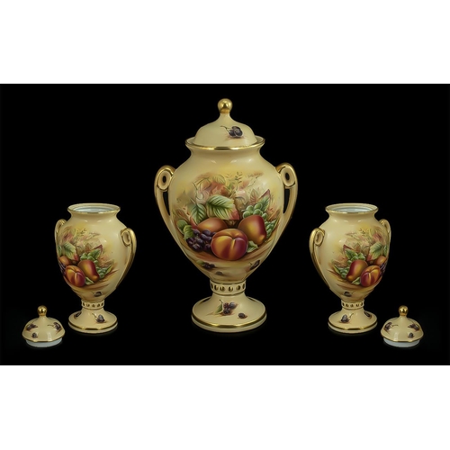 526 - Aynsley Twin Handled Lidded Fallen Fruit Vase 'Orchard Gold' - Fallen Fruit Still Life. Height 9'' (... 