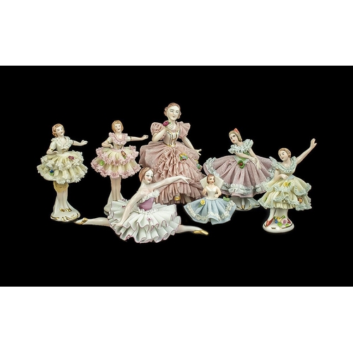 544 - A Good Collection of Dresden Hand Painted Porcelain Lace Dressed Dancing Figures ( 7 ) Figures In To... 