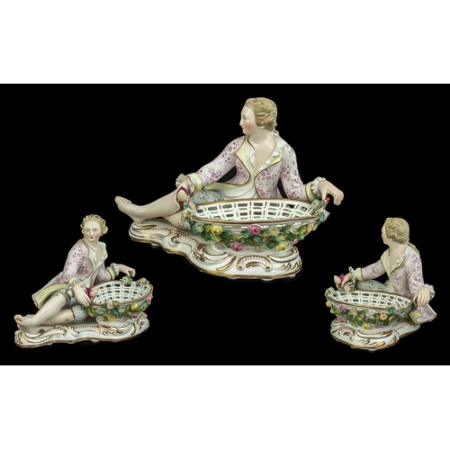 547 - Dresden - Hand Painted 19th Century Porcelain Figural Sweetmeat Basket, Modelled as a Reclining Lady... 