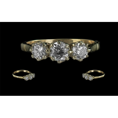 55 - Antique Period 18ct Gold Ladies Three Stone Diamond Set Ring, the round, European cut diamond of goo... 