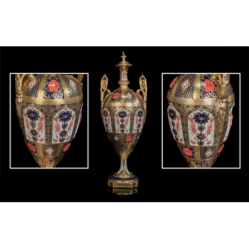 572 - Royal Crown Derby Twin Handle Impressive Old Imari Solid Gold Banded Urn Shaped Vase. Pattern No 112... 