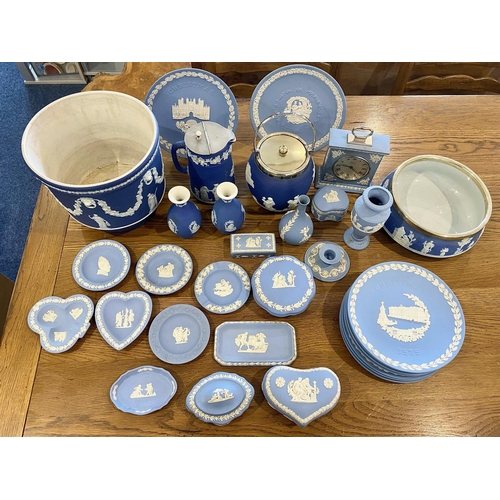 641 - Box of Blue Jasper Wedgwood, comprising plates, biscuit barrel, planter, vases, lidded pots, trinket... 