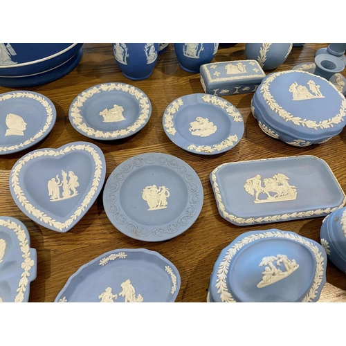 641 - Box of Blue Jasper Wedgwood, comprising plates, biscuit barrel, planter, vases, lidded pots, trinket... 