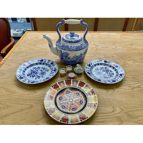 652 - Extra Large Spode Blue & White Tea Pot, measures approx. 13'' tall, together with two Old Dresden bl... 