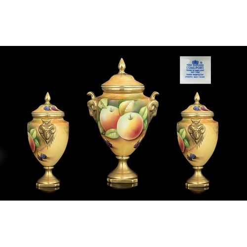 664 - Coalport Hand Painted / Signed Fruits Twin Handle Masks Lidded Small Urn Shaped Vase, Embellished In... 