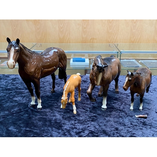 673 - Collection of 4 Beswick Horses various models, three in brown and one palomino. Some as found, chipp... 