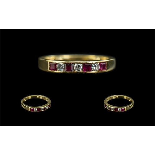 74 - Ladies Attractive 18ct Gold Ruby & Diamond Channel Set Ring - Full Hallmark To Shank, Rubies & Diamo... 