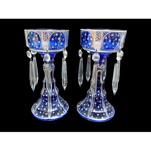 769 - Pair of Victorian Glass Mantle Lustres, with glass prisms.  Decorated with blue and silver designs. ... 