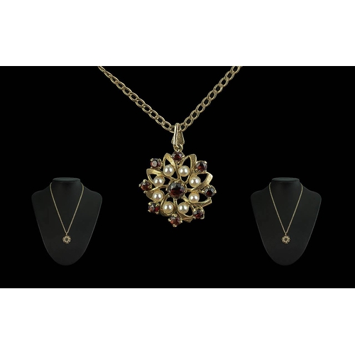 76A - Antique Period - Attractive 9ct Gold Garnet / Pearl Set Pendant, Attached to a 9ct Gold Chain. Both ... 