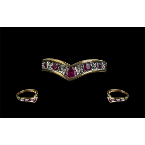 77 - Ladies Attractive 9ct Gold Ruby and Diamond Set Ring, wishbone design, the rubies of strong colour w... 