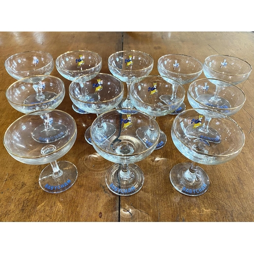 771 - Twelve Original Babycham Glasses, with Babycham emblem 6 are yellow fawn 1970s and 6 are white fawn ... 