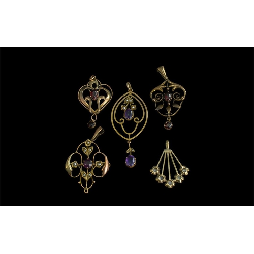 81 - Antique Period Collection of Various 9ct Gold Open worked Stone Set Pendants ( 5 ) In Total. Stones ... 