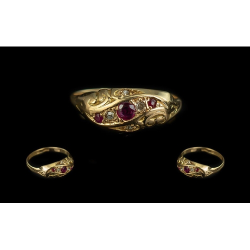 83 - Antique Period Attractive 18ct Gold Ruby and Diamond Set Ring. Ornate Design. Hallmark Birmingham 18... 