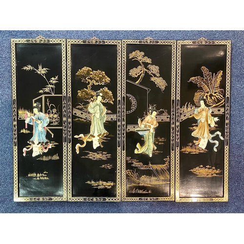 830 - Four Japanese Wall Hangings, painted in gilt, with applied painted pearl figure.  Each panel 36'' x ... 