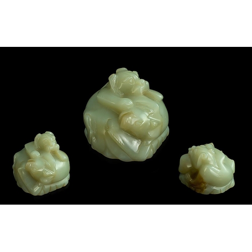 851 - Antique Oriental Jade Okimono, Depicting Two Stylised Dogs Of Foo, Approx 2 Inch Square