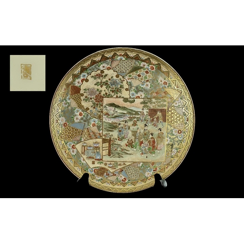 856 - Japanese Satsuma Small Shallow Dish, profusely decorated with figures.  Gilt gold mark to underside.... 