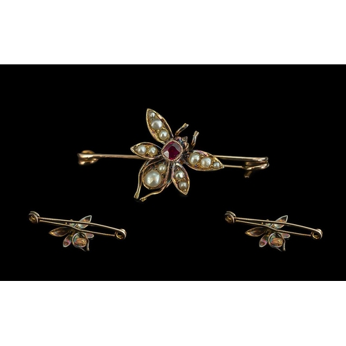 87 - Victorian Period 9ct Gold Novelty Bug Brooch, bumble bee set with pearls and garnet.  Not marked, te... 