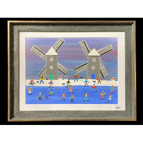 902 - Skating By The Windmills - Acrylic on Acid free Paper Painting by Gordon Baker. Framed and Behind Gl... 