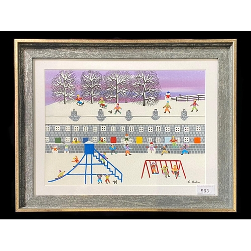 903 - In The Park In The Snow - Acrylic on Acid free Paper Painting by Gordon Baker. Framed and Behind Gla... 