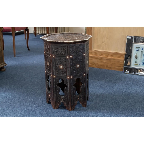 911 - Late 19th Century Octagonal Hardwood Table, inlaid with camel bone and mother of pearl, carved throu... 