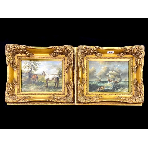 920 - Two Vintage Paintings in ornate gilt Rococo frames, one depicting horses in a field, the other depic... 