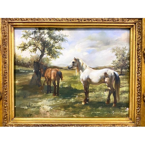 920 - Two Vintage Paintings in ornate gilt Rococo frames, one depicting horses in a field, the other depic... 