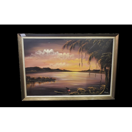 945 - B Muanzas Oil on Canvas, sunset fisherman scene with lake and boat, signed to bottom right, measures... 