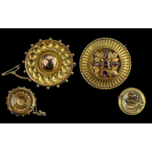 95 - Victorian Period Pair of 9ct Gold, circular ornate brooches/lockets circa 1880's.  One marked gold, ... 