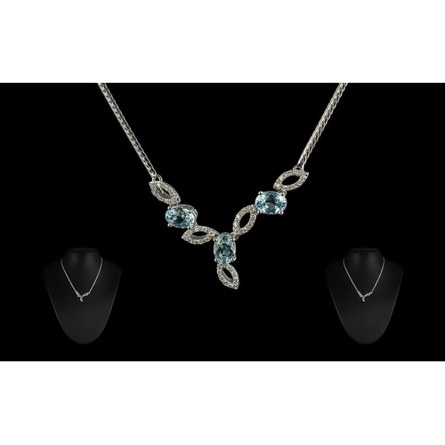 95B - Ladies 18ct White Gold Superb Diamond and Aquamarine Set Necklace. Marked 750 - 18ct. The Aquamarine... 