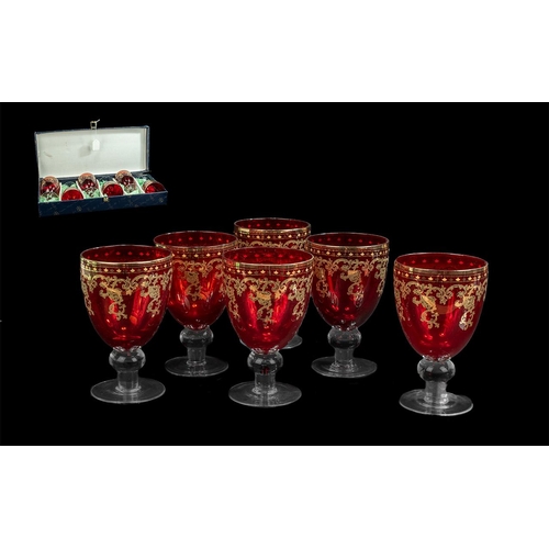 768 - Six Italian Cranberry Wine Glasses, made by Alpha & Omega of Italy, decorated with gilt highlights. ... 