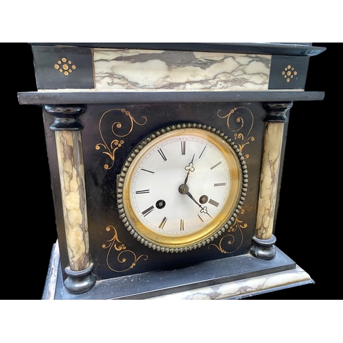 1101 - A 19th Century French Black Slate Architectural Clock, column supports and panels.  White enamel dia... 