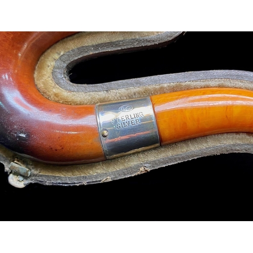 1411 - U-Bend Pipe in Leather Case and Silver Collar, amber cheroot.