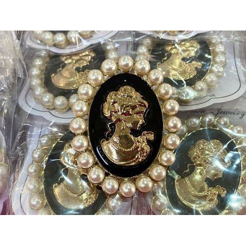 1577 - Haberdashery Interest - Box of Pearl Trimmed Cameo Brooches, in black and gold, ideal for crafting, ... 