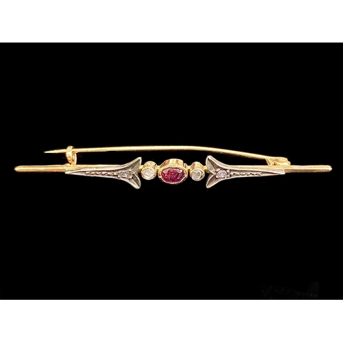 425A - 9ct Gold Victorian Bar Brooch, set with central oval red stone with two rose cut diamonds either sid... 