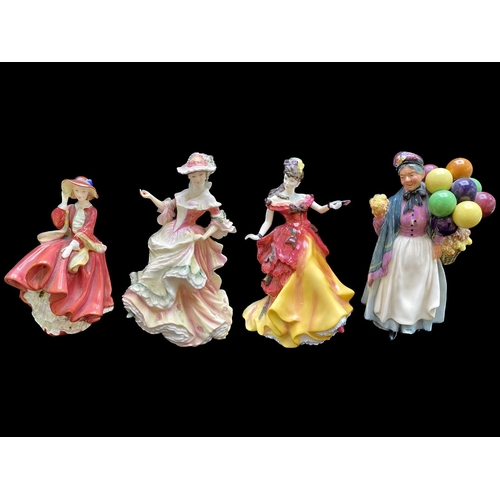 580 - Four Royal Doulton Figures, comprising Balloon Seller, Belle Figure of the Year, Flowers of Love, an... 