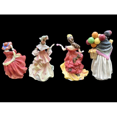 580 - Four Royal Doulton Figures, comprising Balloon Seller, Belle Figure of the Year, Flowers of Love, an... 