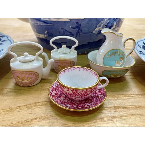 652 - Extra Large Spode Blue & White Tea Pot, measures approx. 13'' tall, together with two Old Dresden bl... 