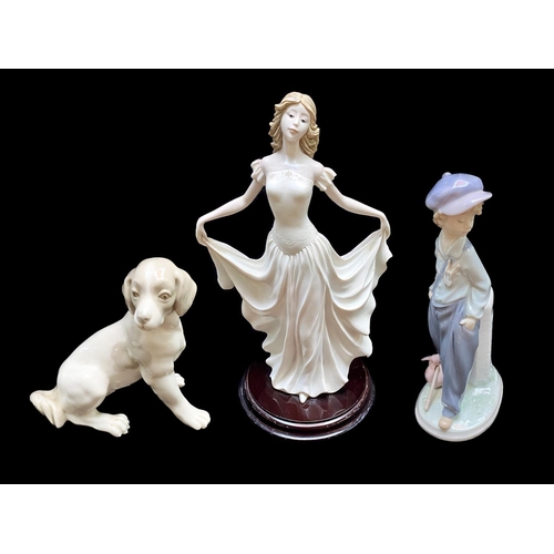 655 - Three Pieces of Porcelain, comprising a Lladro figure No. 5400, depicting  boy with knotted hankie o... 