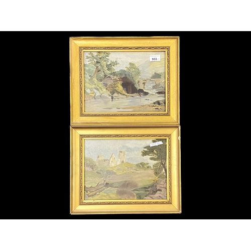 933 - Two Watercolours by W Goodwin, one depicting a ruined building in the countryside, the other of a co... 