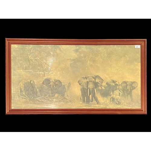 978 - David Shepherd Framed Print, depicting a herd of elephants.  Measures overall 23'' x 43''.