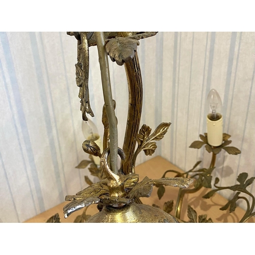 1035 - Gilt Brass Light Fitting, six branch chandelier design, leaf decoration, candle lights.  Circa 1930/... 