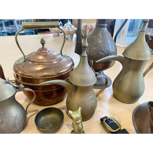 1245 - Collection of Brass & Copper Items, to include kettle, horn, bell, horse brasses, various pots, etc.