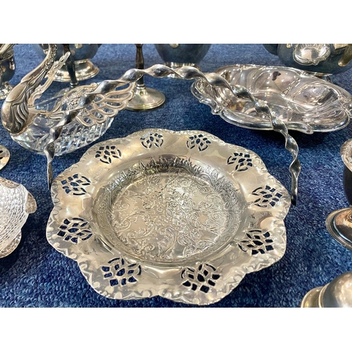 1495 - Box of Miscellaneous Silver Plated Ware, to include a tea service, cigarette box, serving trays, tri... 