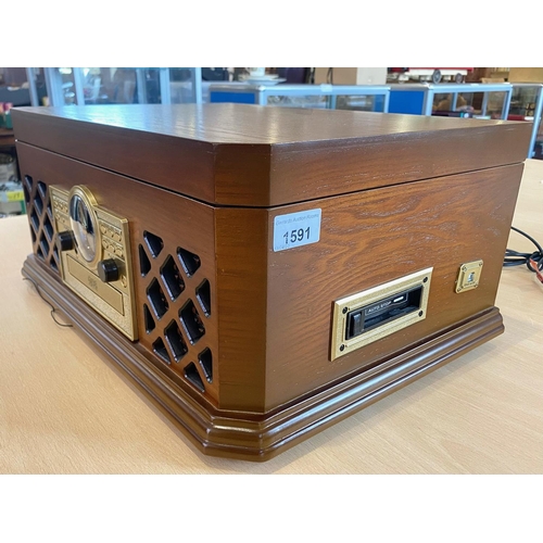 1591 - Modern Zennox Record Player in Wooden Case, Model No. 3939, with turntable, radio, tape player, cd p... 