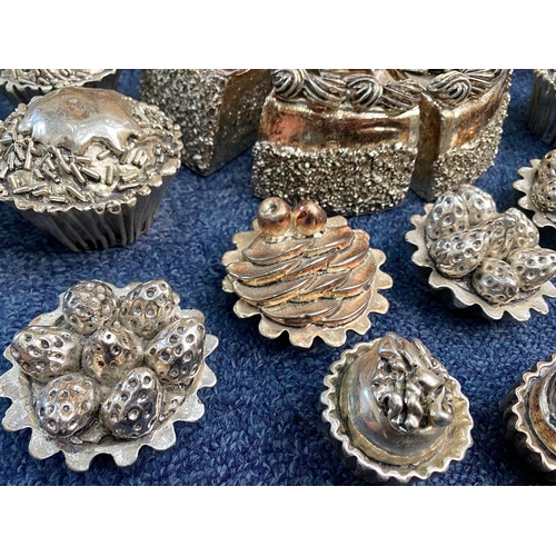 1595 - Collection of Silver Plated Cake Ornaments. Includes Cakes, Muffins, Slices of Cakes, Tart etc. Inte... 