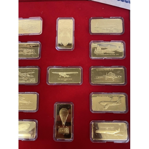 1408 - Box of Gold Plated on Metal Ingots, Milestones of Manned Flight, 25 in total, in fitted wooden box.