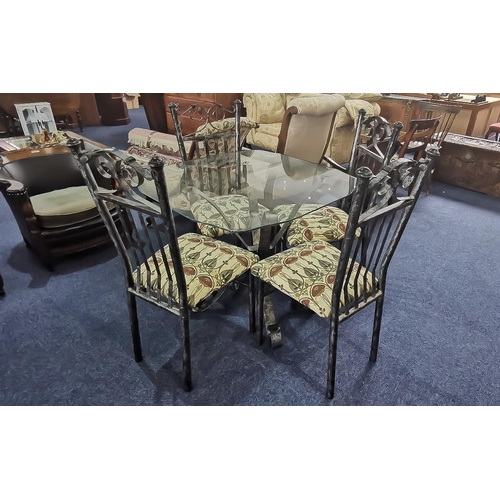 1055 - A Metal Framed Conservatory Table with Glass Top and Four Matching Chairs