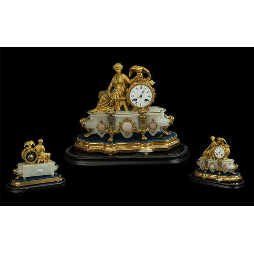 1107 - French 19th Century Excellent Quality Alabaster and Gilt Bronze 8 Day Figural Mantel Clock of Large ... 