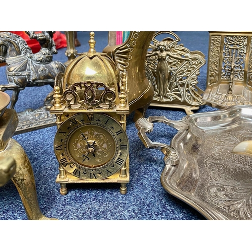 1236 - Quantity of Brass & Plated Ware, including horse and rider, doorstop, trivets, candlesticks, trays, ... 