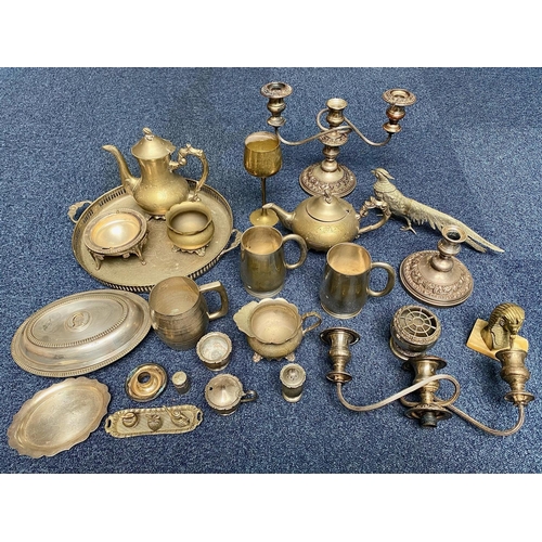 1240 - Box of Assorted Metal & Plated Ware, includes candlesticks, tankards, tea pot, dishes, pots, etc.  G... 